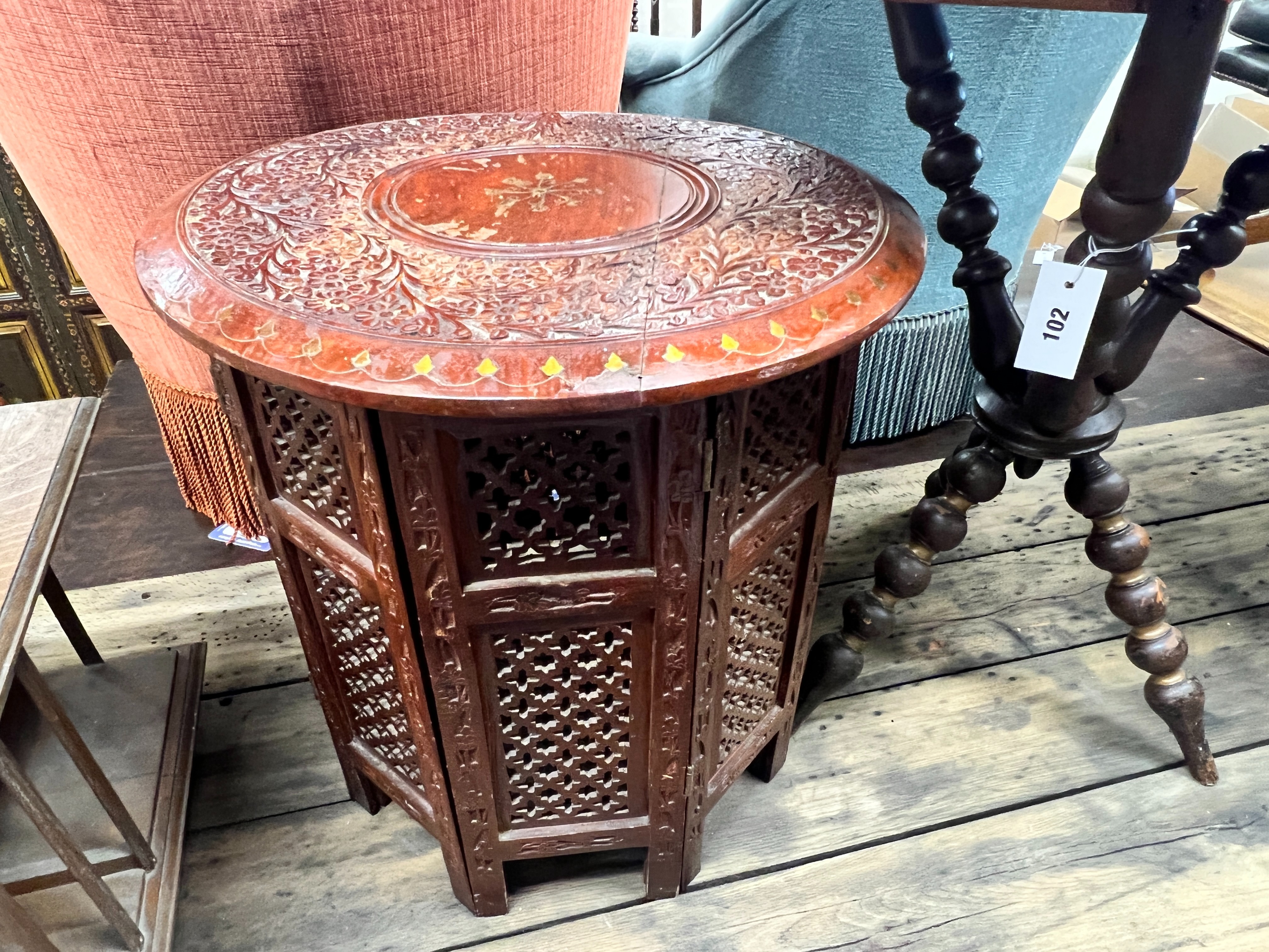 A Victorian bobbin turned octagonal gypsy table, width 52cm, height 62cm together with a circular Indian brass inlaid hardwood table